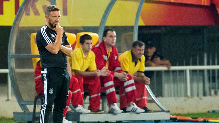 Aberdeen manager Derek McInnes looks on as his team draws 1-1 with FC Shkendija in Macedonia