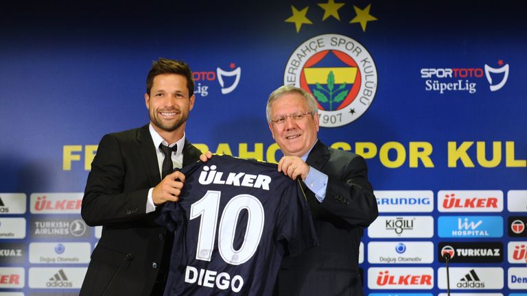 Former Atletico Madrid's Brazilian midfielder Diego Ribas (L),  holding his new club's jersey, and Fenerbahce Football Club's President Aziz Yildirim