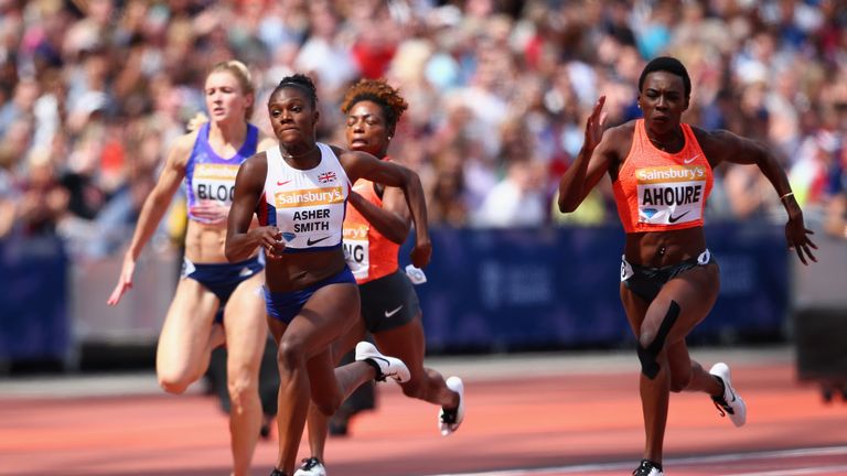 Dina Asher-Smith of Great Britain (2L) crosses the line to win Heat A of the Womens 100m during day two of the Sainsbury's Anniversary Games