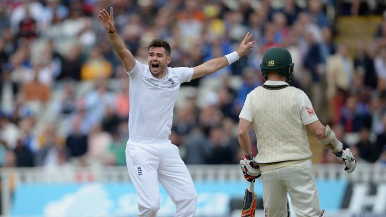 James Anderson successfully appeals for the wicket of David Warner