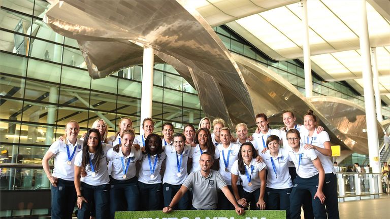 England Women's football team pose for photos with manager Mark Sampson 