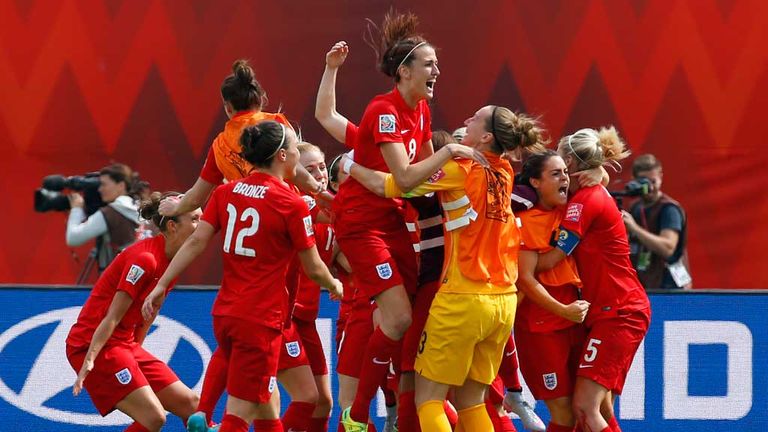 England Women celebrate after beating Germany