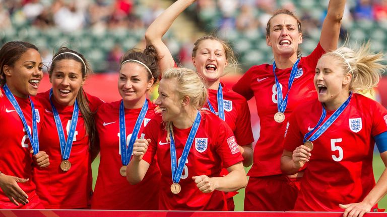 England Women celebrating their win over Germany in World Cup.