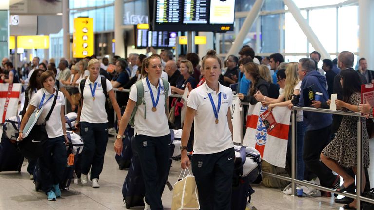 The England women's team arrive back at Heathrow Airport after the 2015 FIFA Womens World Cup in Canada. PRESS ASSOCAITION Photo. Picture date: Monday July