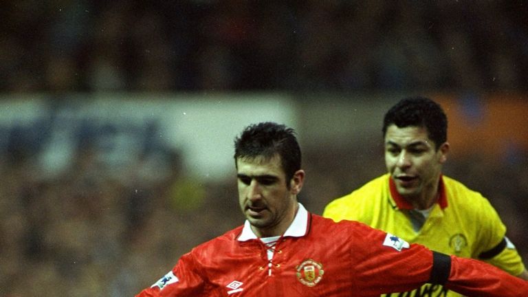 1993:  Eric Cantona of Manchester United shields the ball from Brian Gayle of Sheffield United during an FA Carling Premiership match at Old Trafford in Ma