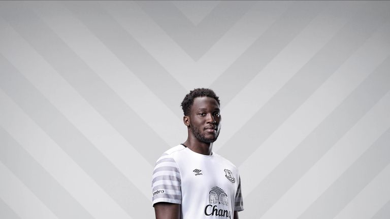 Everton's away offering from Umbro is white with grey detailing