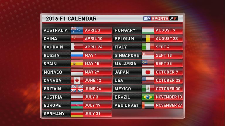 The provisional calendar for F1 in 2016