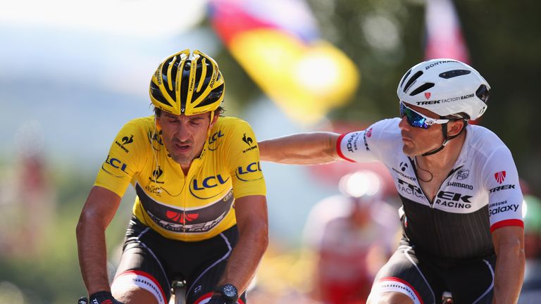 HUY, BELGIUM - JULY 06:  Yellow jersey wearer Fabian Cancellara of Switzerland and Trek Factory Racing rides alongside Markel Irizar Arranburu of Spain and