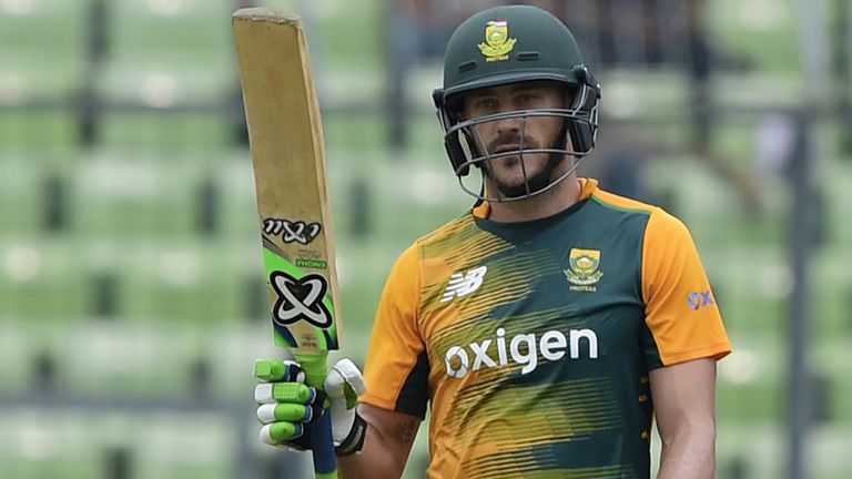 South African captain Faf du Plessis celebrates scoring a half century (50 runs) during the first T20 match between 