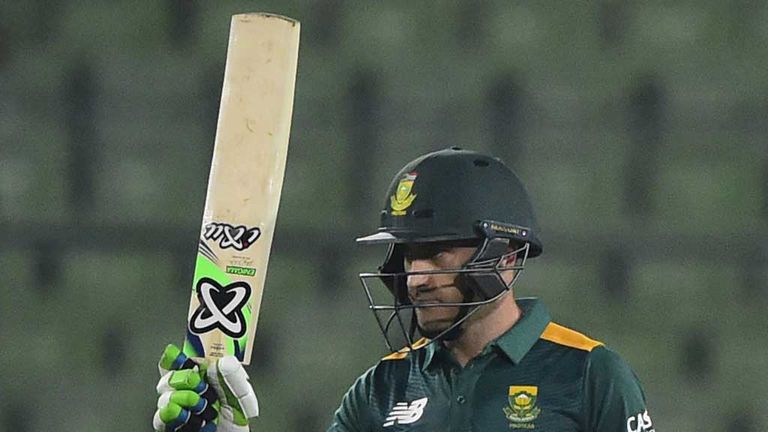 South Africa's Faf du Plessis raises his bat after reaching 50 against Bangladesh in the first ODI