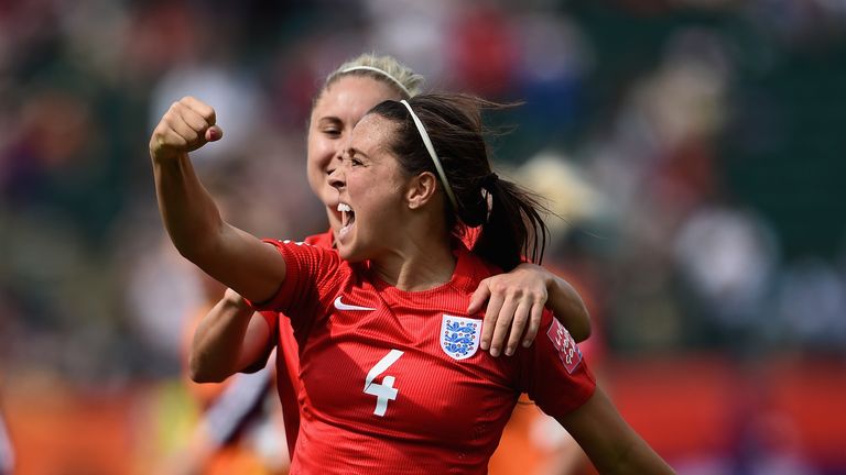Fara Williams of England celebrates with team mate Steph Houghton