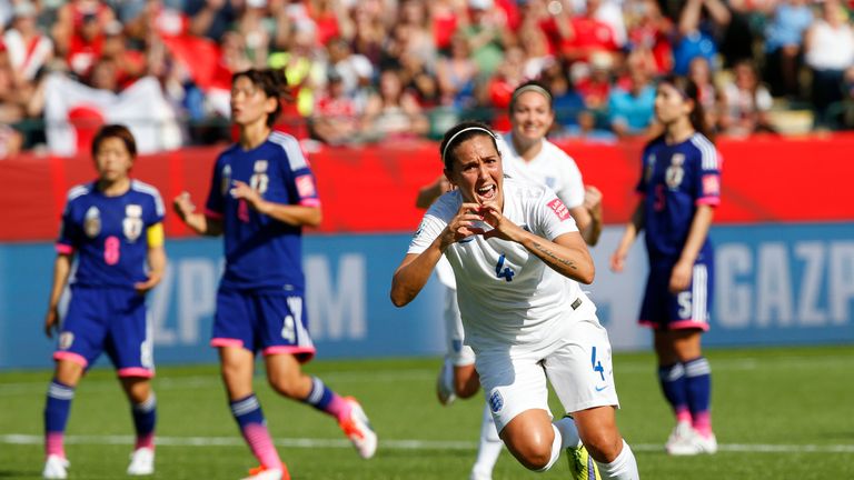 Fara Williams #4 of England celebrates her penalty kick goal during the FIFA Women's World Cup Canada Semi Final match v Japan, Edmonton