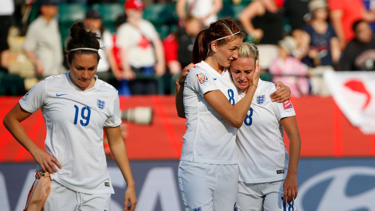 Jodie Taylor #19, Jill Scott #8 and Toni Duggan #18 of England dejected, FIFA Women's World Cup semi-final v Japan, Edmonton