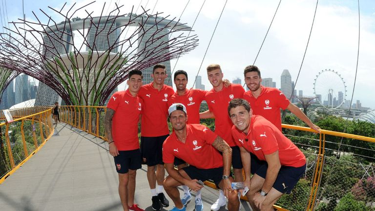 Hector Bellerin, Gabriel, Olivier Giroud, MIkel Arteta, Calaum Chambers, Emiliano Martinez and Jon Toral of Arsenal visit Gardens By The Bay in Singapore