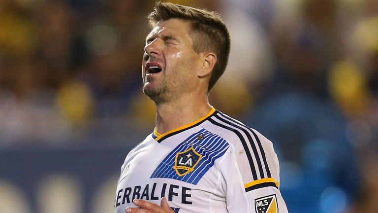 Steven Gerrard of the Los Angeles Galaxy reacts after his shot on goal is blocked against Club America in the International Champions Cup 2015