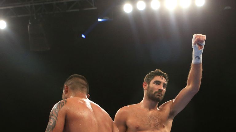 Frank Buglioni celebrates his fifth round stoppage victory over Fernando Castaneda at the SSE Arena, London