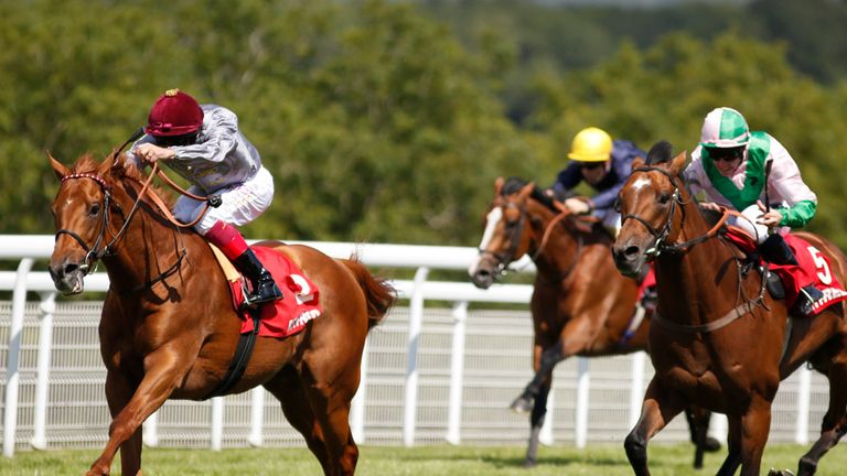 Frankie Dettori rides Dubday (left) to victory in the Betfred Glorious Stakes 