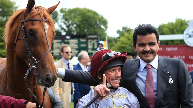 Frankie Dettori with Sheikh Joaan from Al Shaqab Racing after his winning ride on Galileo Gold in the Qatar Vintage Stakes