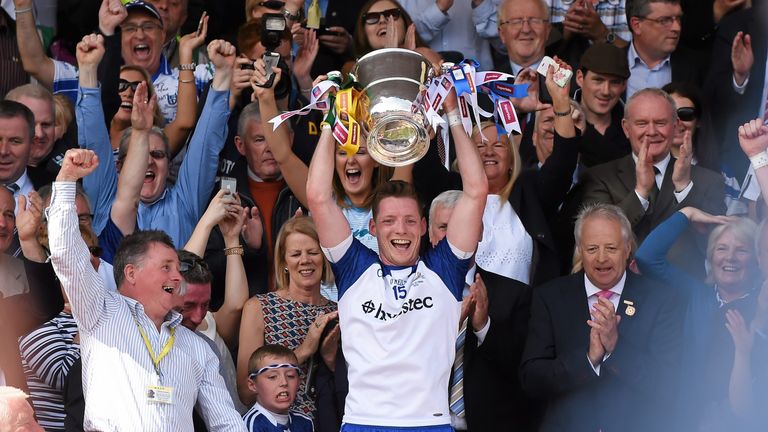 Monaghan captain Conor McManus lifts the Anglo Celt Cup following their victory over Donegal