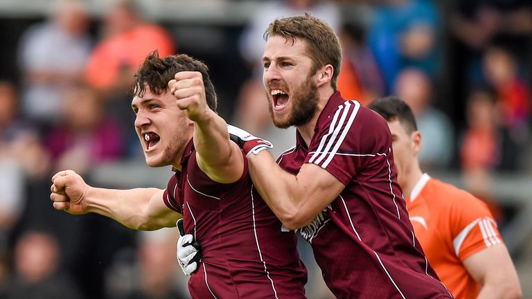 Damien Comer (left) celebrates with Michael Lundy after scoring Galway's second-half goal