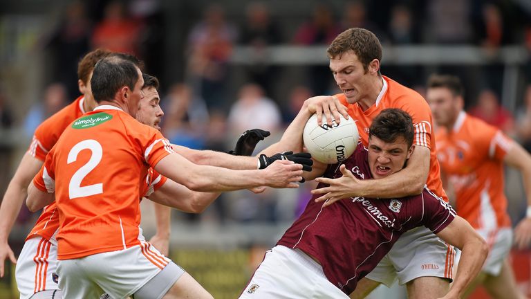 Damien Comer, Galway, in action against Andy Mallon, left, Aidan Forker and Brendan Donaghy, Armagh