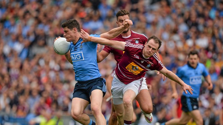 Diarmuid Connolly, Dublin, holds off the challenge of John Gilligan, Westmeath