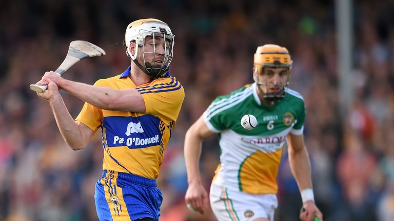 Conor McGrath shoots to score Clare's first goal against Offaly.