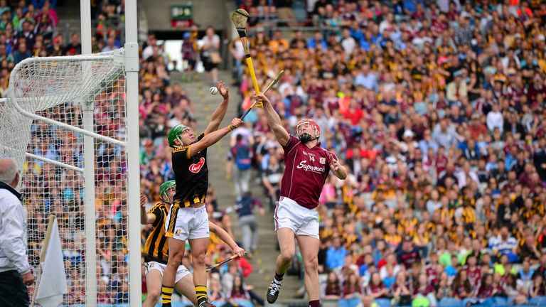 Galway goalscorer Joe Canning competes for a high ball with Kilkenny goalkeeper Eoin Murphy