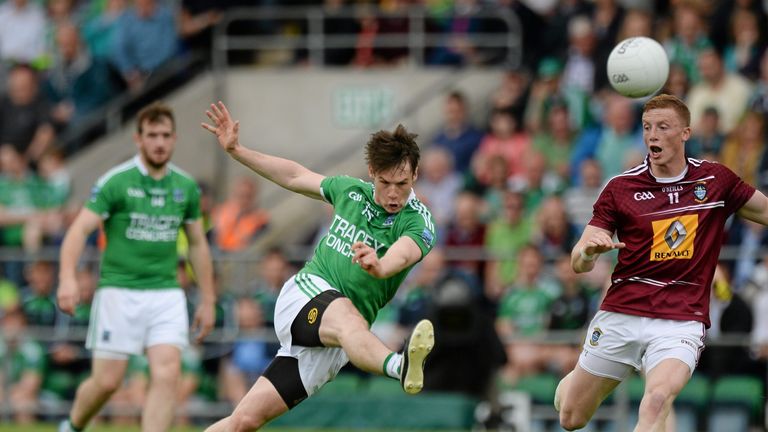 Tomas Corrigan, Fermanagh, scoring a long range point in the first half. 