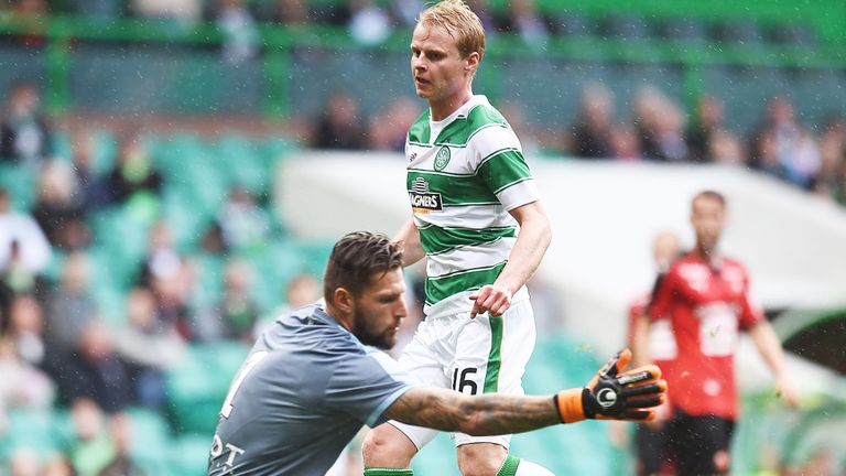 Gary Mackay-Steven scores the second goal for Celtic against Stade Rennais