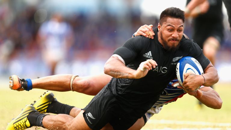  George Moala of the New Zealand All Blacks scores a try on debut during the International Test match between Samoa 