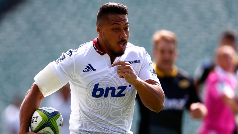  George Moala of the Blues runs the ball during the Super Rugby pre-season match between the Blues and the Hurricanes 