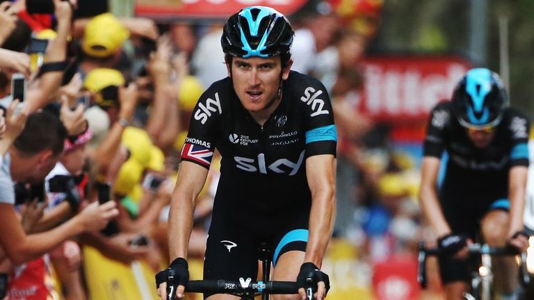 Geraint Thomas at the finish of  stage 16 of the 2015 Tour de France, a 201km stage between Bourg de Peage and Gap