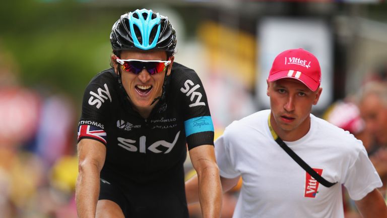 DIGNE, FRANCE - JULY 22: Geraint Thomas of Great Britain and Team Sky crosses the finish line during Stage Seventeen ahead of Chris Froome of Great Britain
