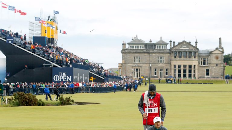 USA's Jordan Spieth lines up a putt on the 1st green during day four of The Open Championship 2015 at St Andrews, Fife.