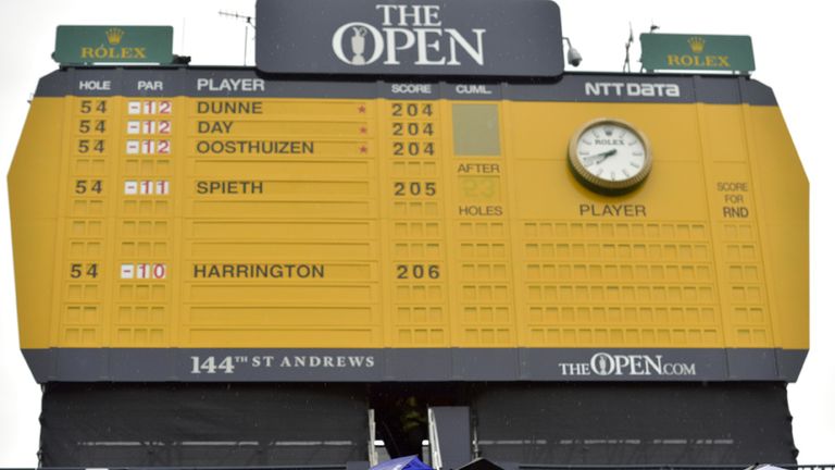 Spectators shelter under umbrellas in the stands below the scoreboard showing Ireland's Paul Dunne top of the leaderboard