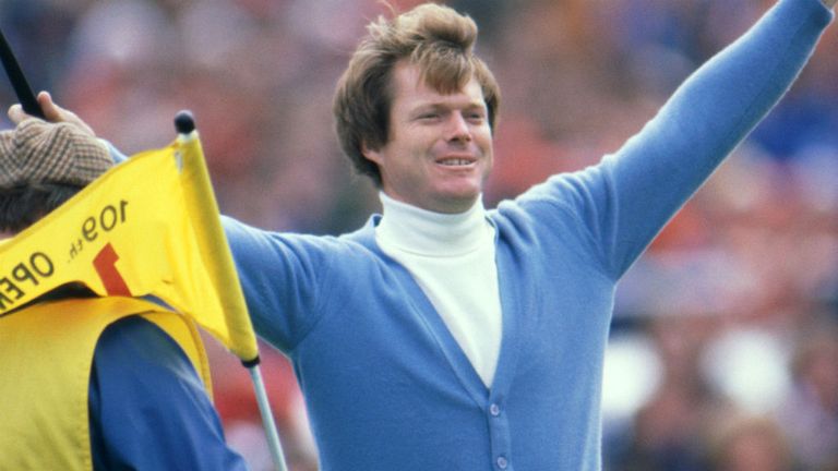 Tom Watson celebrates victory and winning the Open in  1980 held at the Muirfield Golf Course