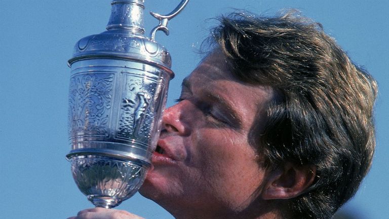 Tom Watson holds aloft the Claret Jug after winning the Open played at Royal Troon in Scotland