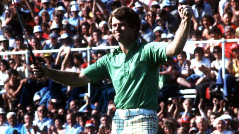 TOM WATSON OF THE UNITED STATES CELEBRATES HIS PUTT ON THE 18TH GREEN DURING THE 1977 OPEN CHAMPIONSHIP AT TURNBERRY