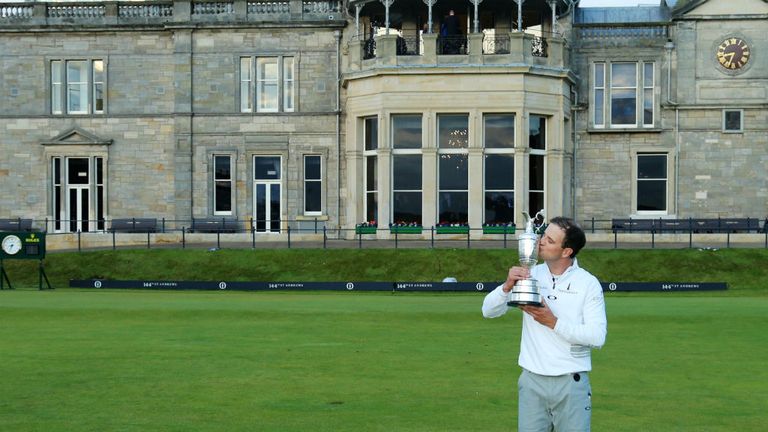 Zach Johnson kisses the Claret Jug after winning the 144th Open Championship at St Andrews