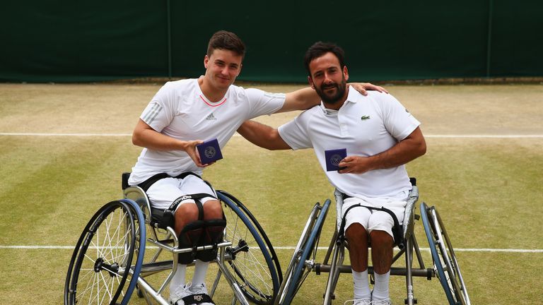 Gordon Reid (left) and Michael Jeremiasz  (right)  pose with their runners up medals after the final of the Wheelchair Gentlemen's Doubles at Wimbledon