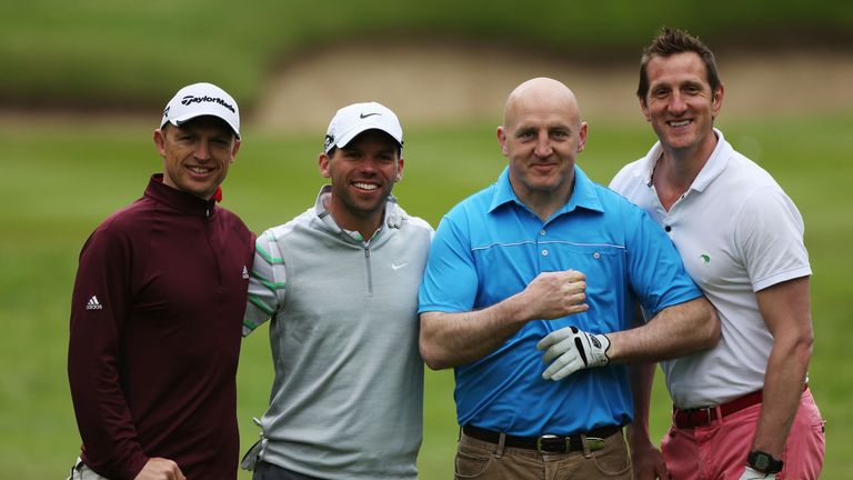 Matt Dawson, Paul Casey, Keith Wood and Will Greenwood during the BMW PGA Championship pro-am in 2013