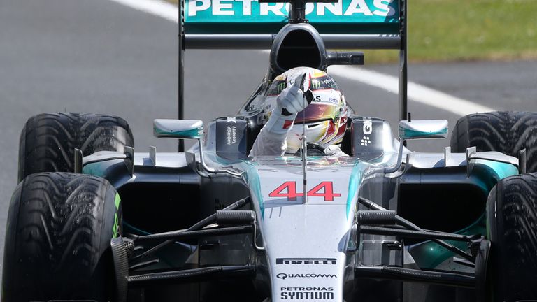 Race winner Lewis Hamilton celebrates 
