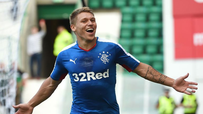 Martyn Waghorn celebrates scoring his second goal for Rangers