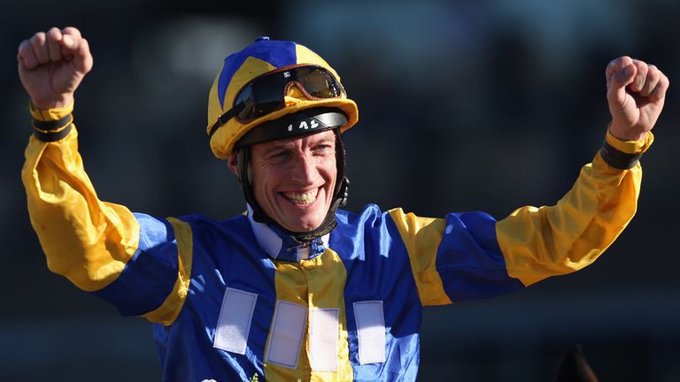 Richard Hughes celebrates with Chriselliam after winning the Juvenile Fillies Turf during the 2013 Breeders' Cup, his only Group 1 winner stateside