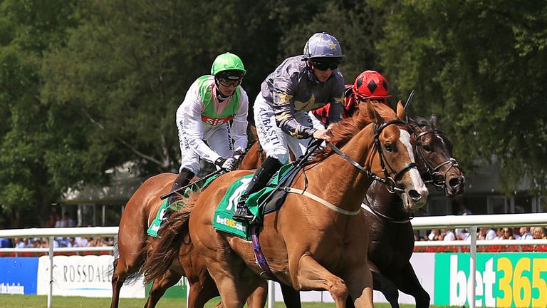 Rene Mathis (second right) ridden by Paul Hanagan wins The bet365 Bunbury Cup during day three of the July Festival at Newmarket Racecourse. PRESS ASSOCIAT
