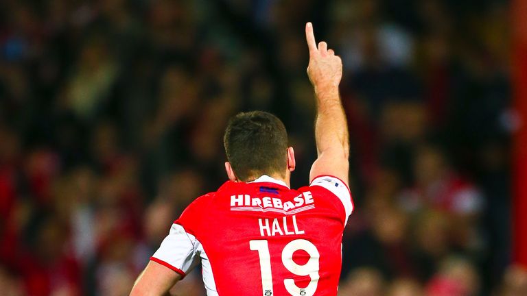 Hull KR's Craig Hall celebrates his drop-goal to win the game.