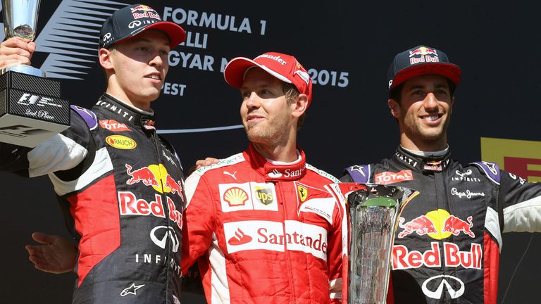 Daniil Kyvat, Sebastian Vettel and Daniel Ricciardo on the podium