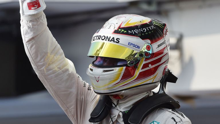 Mercedes AMG Petronas F1 Team's British driver Lewis Hamilton reacts after the qualifying race at the 