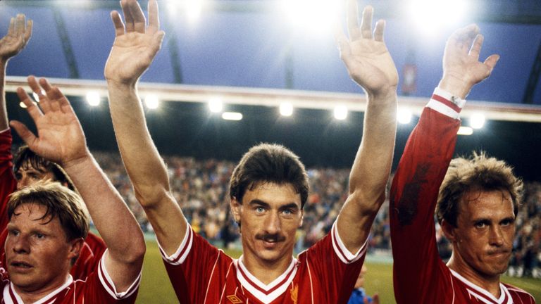 LIVERPOOL, UNITED KINGDOM - MAY 15:  Liverpool players Sammy Lee (l) Ian Rush (c) and Phil Neal wave to the crowd